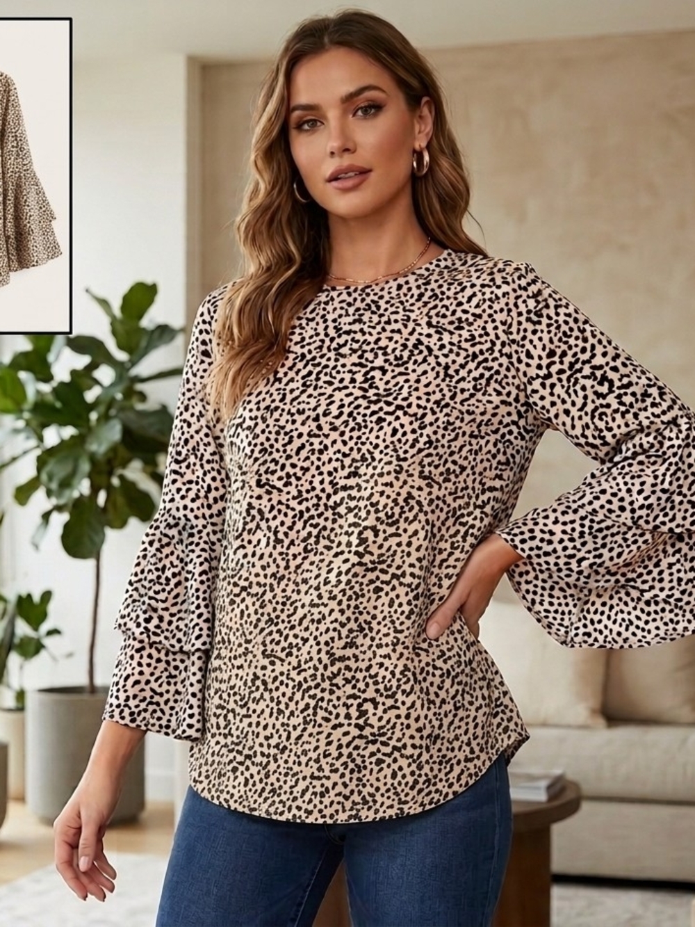 H&M Beige and Black Leopard-Print Bell Sleeve Blouse Size 14.      WS